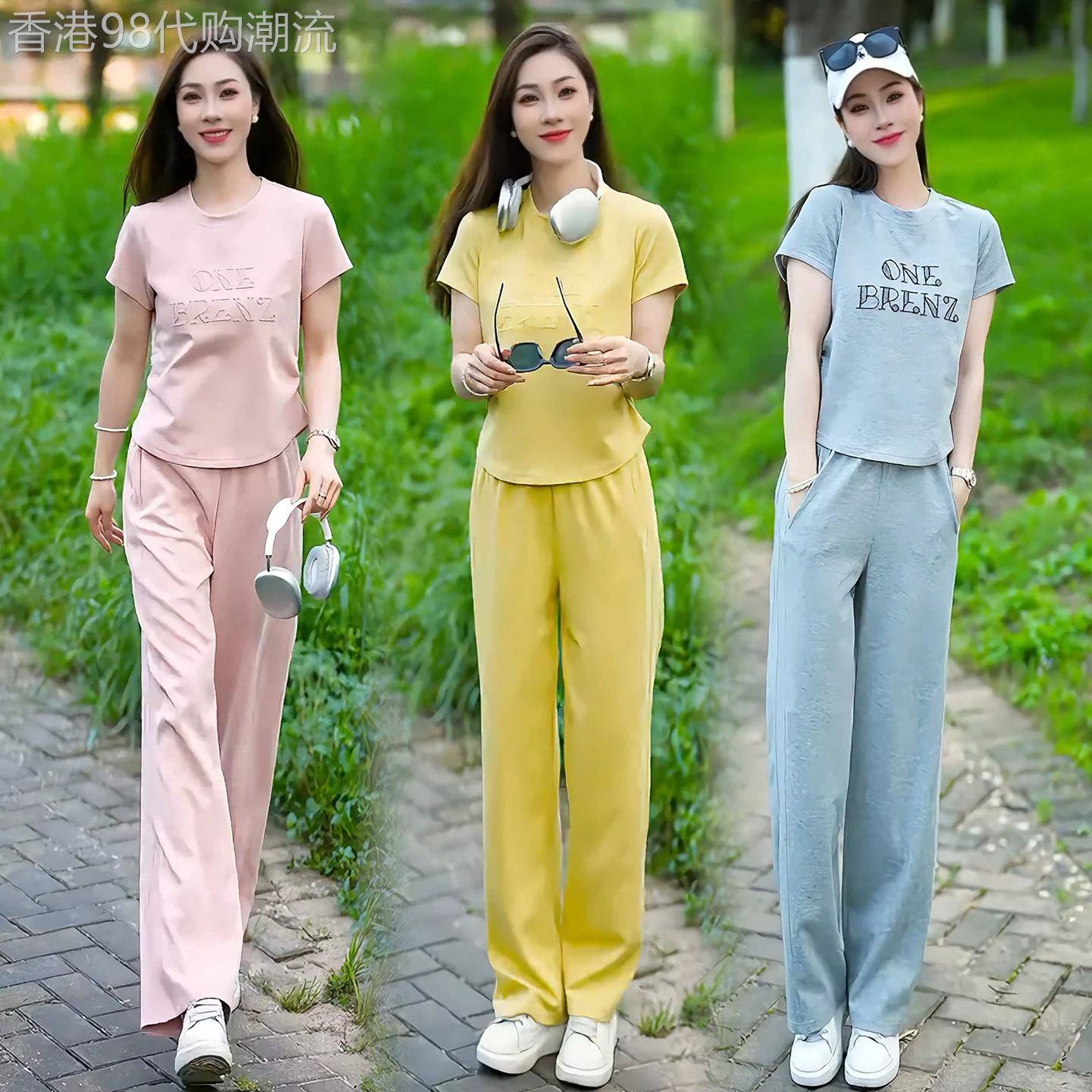 香港代购时尚休闲套装女夏季新款显瘦字母短袖阔腿裤运动服两件套