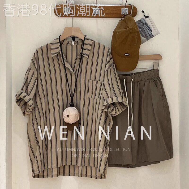 韩国WEN NIAN冰丝休闲套装男2026夏季薄款短袖条纹衬衫短裤潮牌