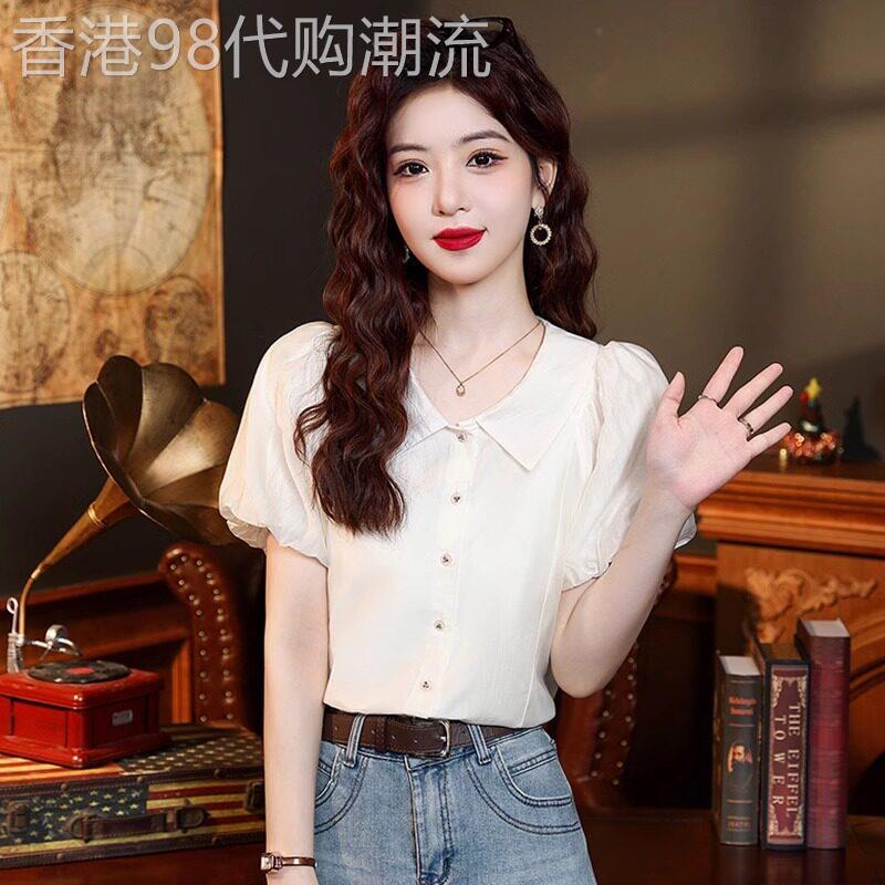 短袖衬衫女2026新款夏季娃娃领高级感轻奢减龄洋派泡泡袖雪纺上衣