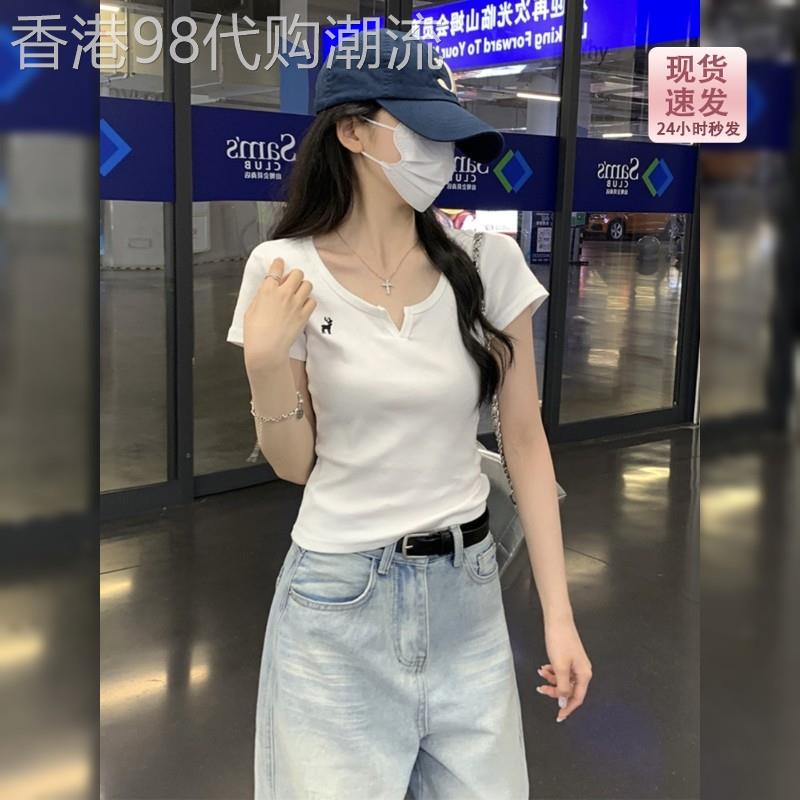 韩系白色V领正肩短袖T恤女夏季2026新款洋派修身刺绣短款小上衣