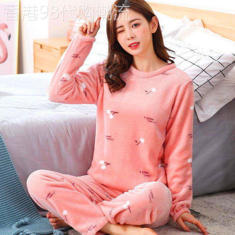 加厚秋冬睡衣女士套装法兰绒可爱珊瑚绒保暖宽松圆领外穿家居服