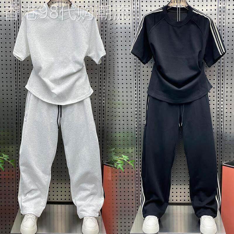 潮牌夏季短袖长裤休闲运动套装男时尚百搭痞帅宽松圆领T恤两件套