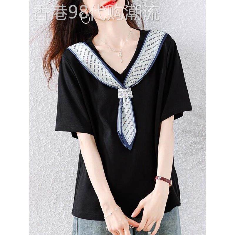 时尚丝巾披肩领顶女式短袖2025夏季新款加码女式减脂毫米百搭t恤