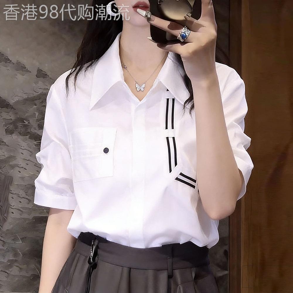 白色翻领衬衫女士早春季新款高级感洋派减龄宽松显瘦别致中袖上衣