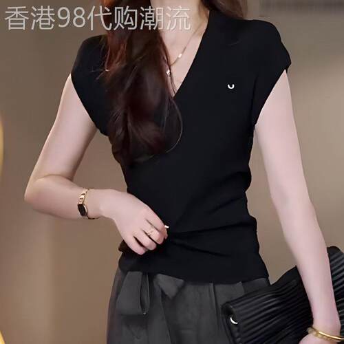 高端黑色V领气质短袖T恤女2026夏季新款修身显瘦时尚百搭简约上衣