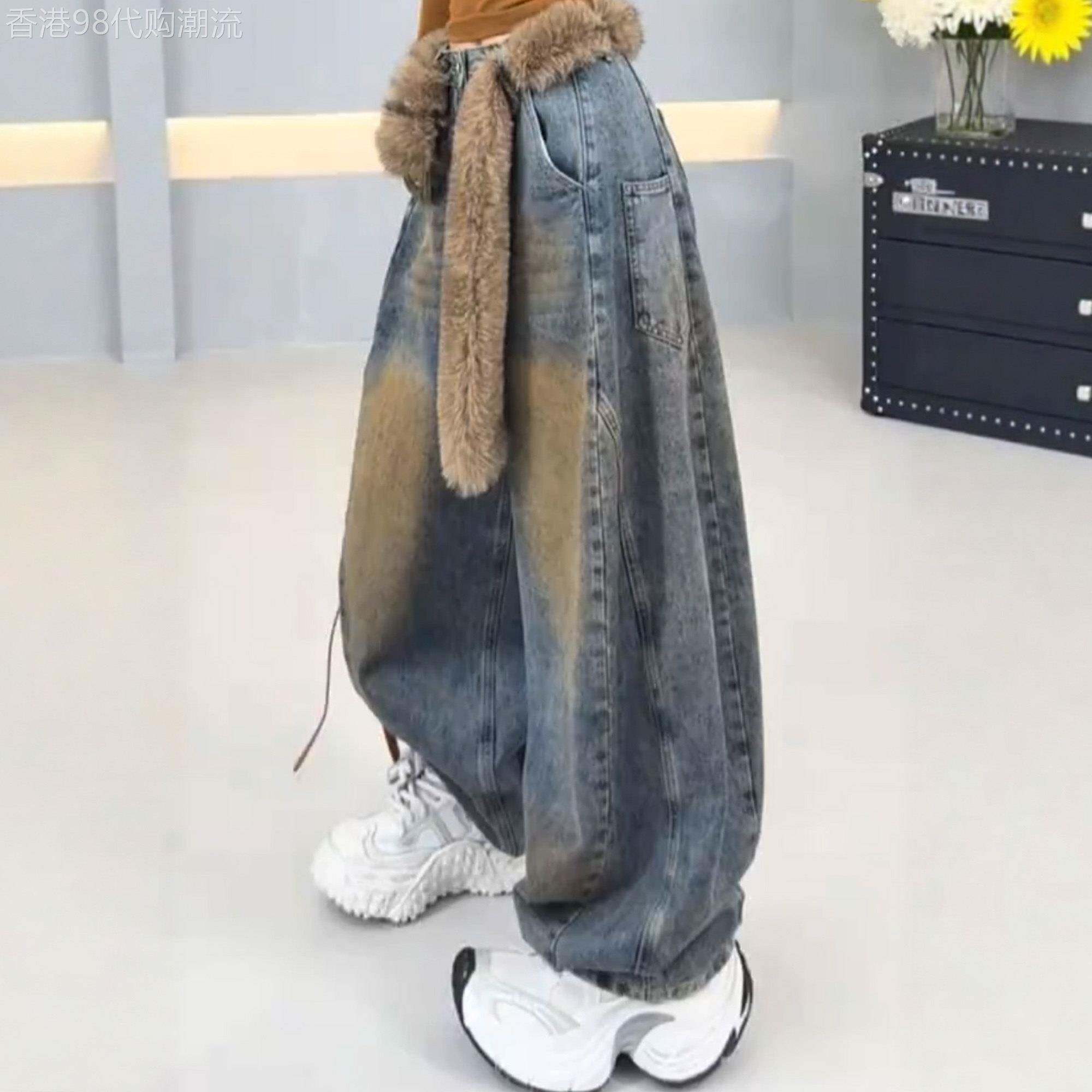 SPYB美式加绒加厚弯刀牛仔裤女秋冬季时尚立体裁剪高腰宽松阔腿裤