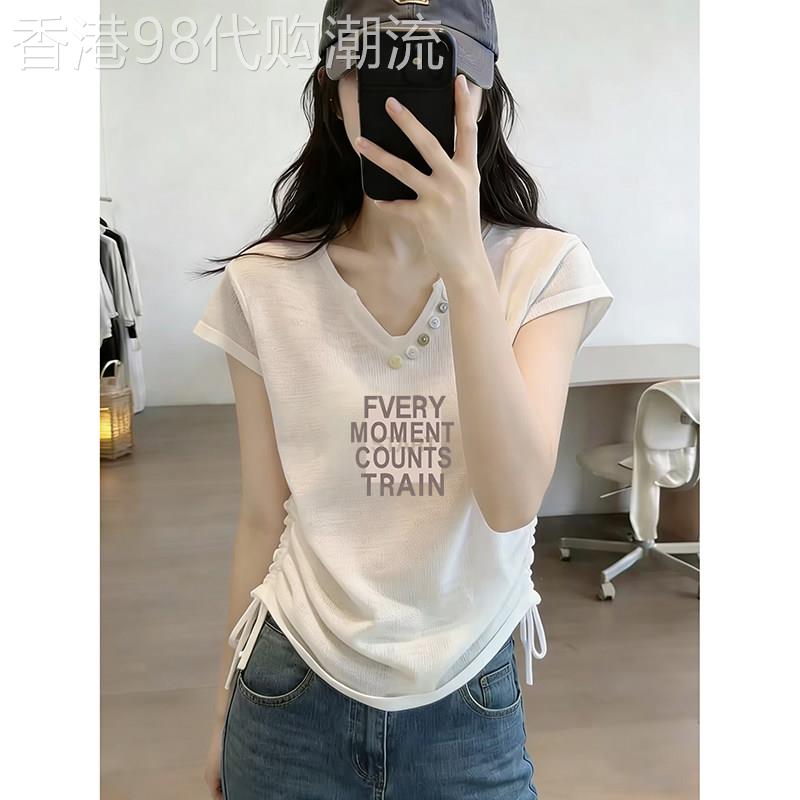 美式v领薄款冰丝白色短袖T恤女夏季小个子短款莱赛尔绑带收腰小衫