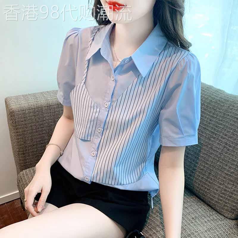 条纹衬衫女2026年新款夏季短袖宽松高级感轻奢减龄洋派假两件上衣