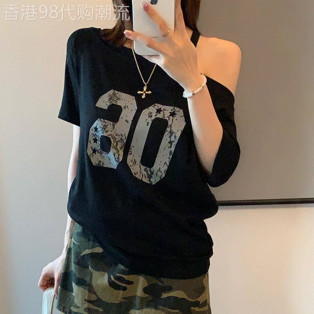 2026新款T恤女夏季斜肩纯欲显瘦休闲百搭宽松黑色一字肩短袖上衣