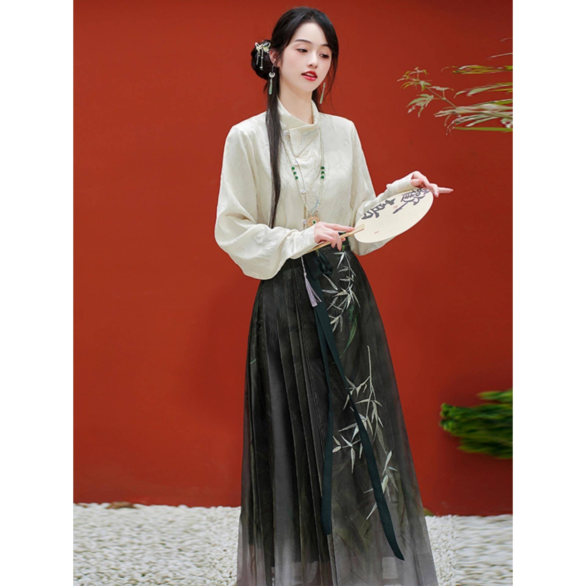新中式马面裙套装女秋冬新款国风提花衬衫上衣竹子刺绣半身裙汉服