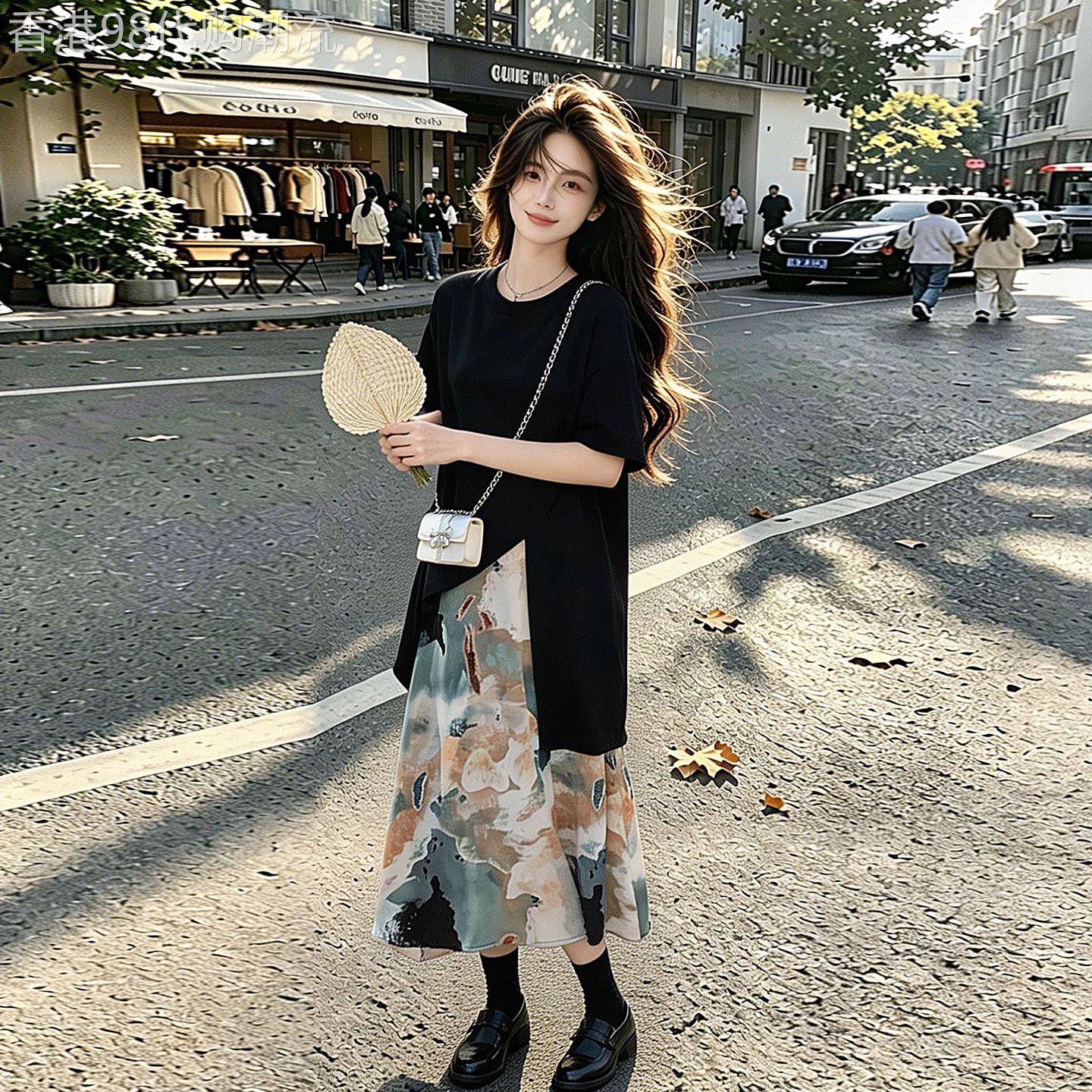 套装搭配一整套夏女2026新款松弛感黑色短袖印花油画半身裙两件套
