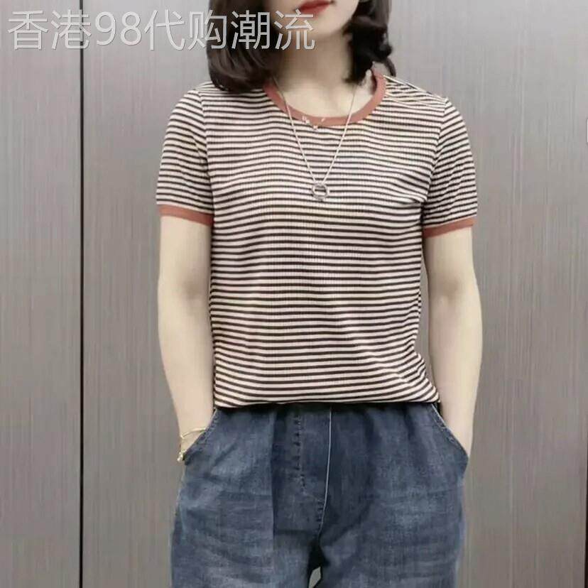 女士休闲百搭条纹短袖T恤2026夏季新款韩版时尚圆领显瘦洋气上衣
