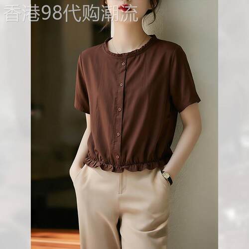 气质简约宽松显瘦上衣女装夏季2026年新款复古短袖衬衫设计感小众