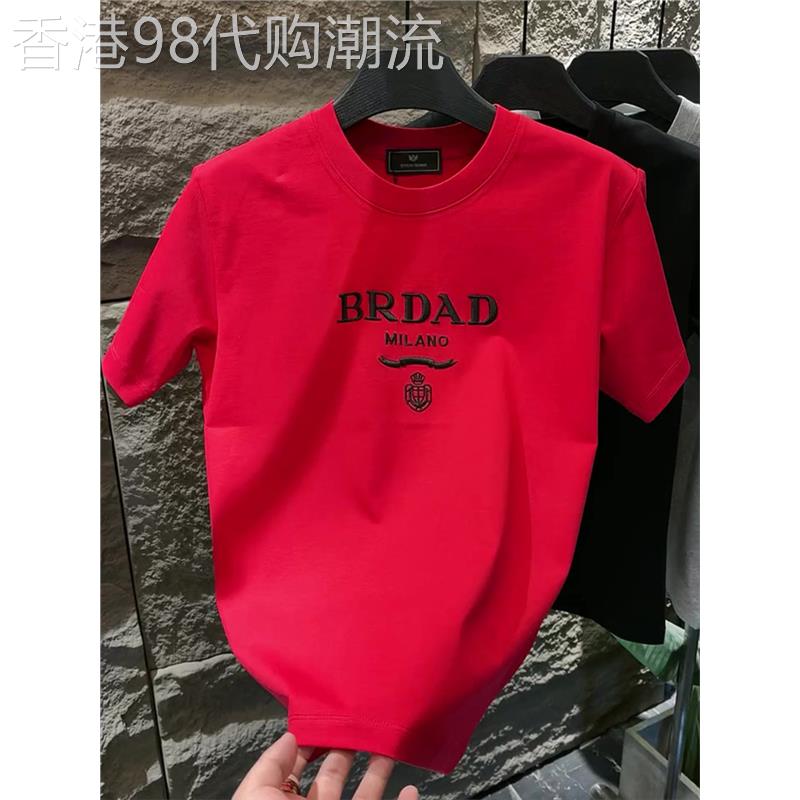 欧货潮牌T恤男士夏季新款短袖时尚圆领字母红色简约青年潮流体恤