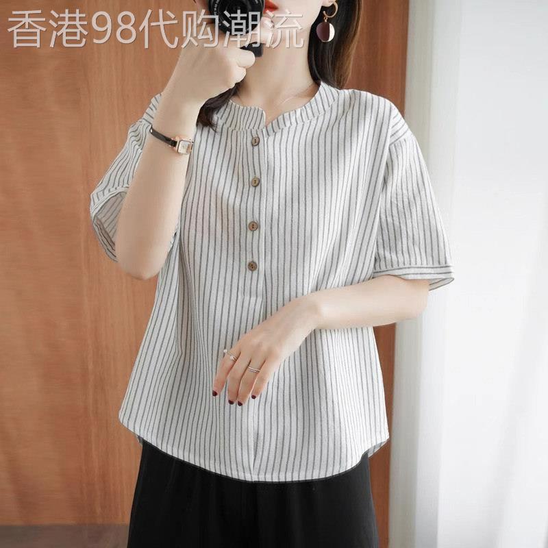 棉麻短袖衬衫女士夏季薄款2026新款宽松大码显瘦条纹半袖t恤上衣