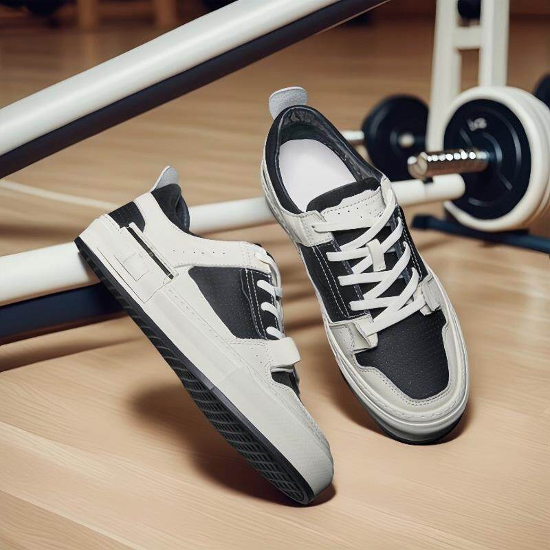 韩国专柜高端百搭男鞋2025年新款真皮透气板鞋黑白色拼接休闲鞋子