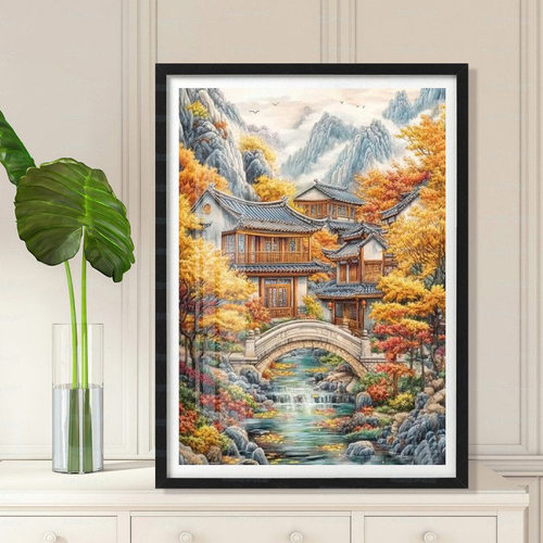 秋色风景十字绣小件竖版玄关客厅