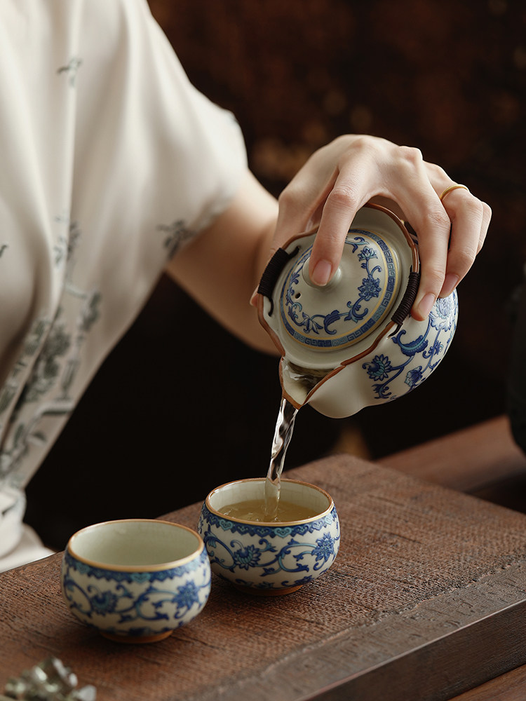 青花汝窑手抓壶盖碗茶杯单个高档防烫泡茶壶家用功夫茶具带盖茶碗