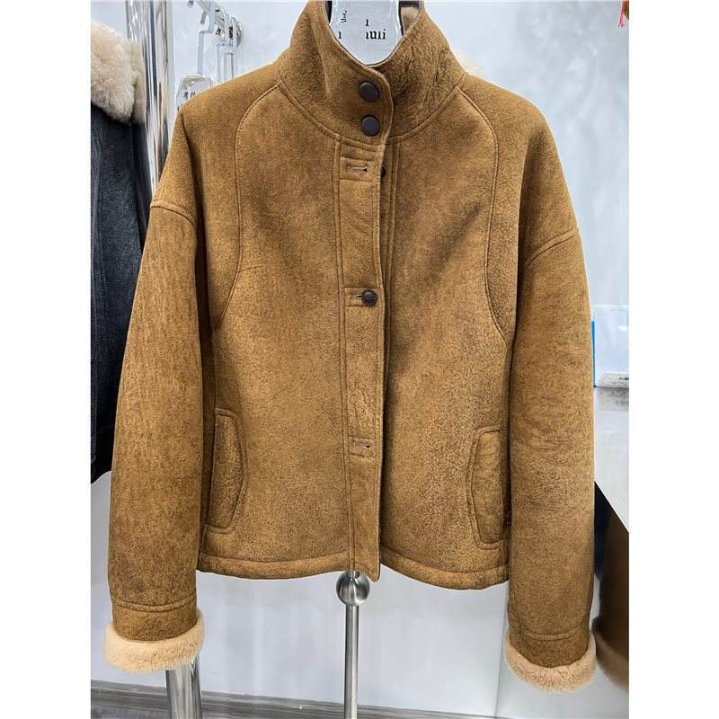 新款进口绒面皮毛一体羊羔毛外套女中长冬新海宁真皮皮草大衣做旧