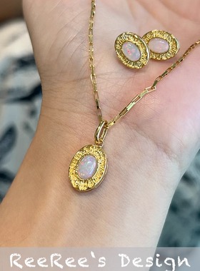 925纯银人工欧泊耳钉项链