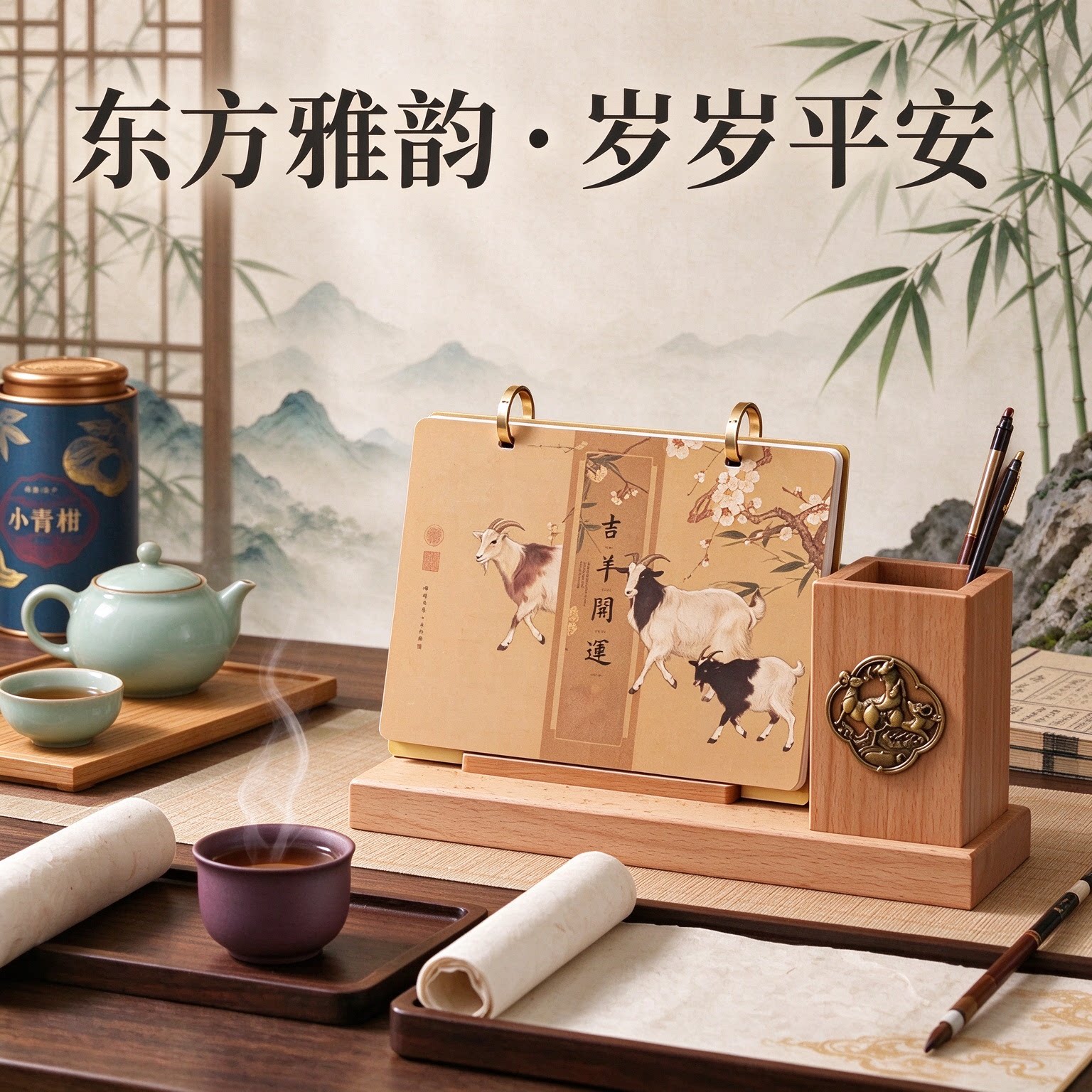 2027年台历创意实木立体日历国风木质工艺摆件摆台办公桌书房客厅装饰新年礼物公司企业商务定做原创简约复古
