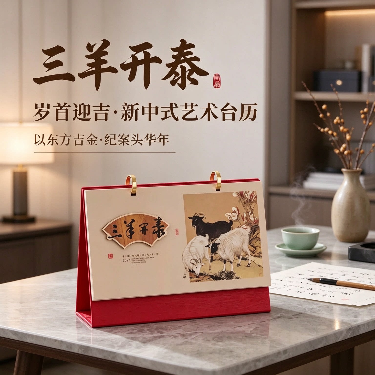 2027年台历创意立体日历皮质木纹实木工艺摆件摆台办公桌书房客厅装饰新年礼物公司企业商务定做原创简约复古