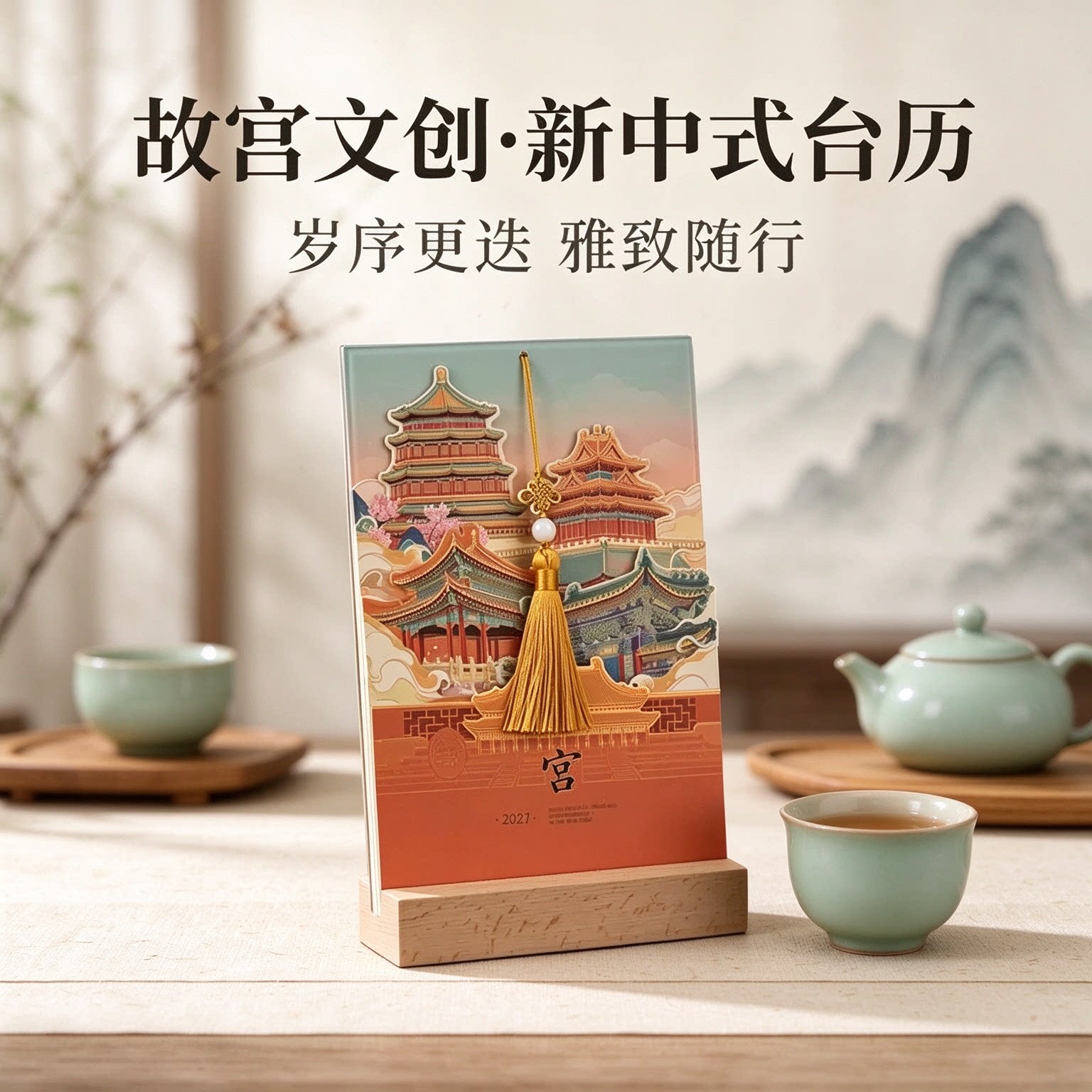 2027年台历创意立体纸雕日历实木榉木工艺摆件摆台办公桌书房客厅装饰新年礼物公司企业商务定做原创简约复古