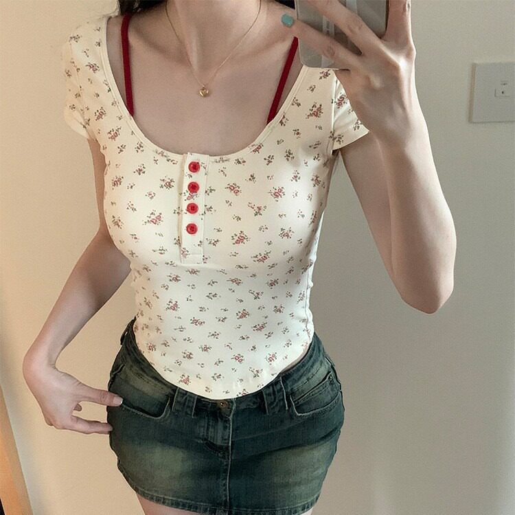 碎花短袖T恤美背内衣女假