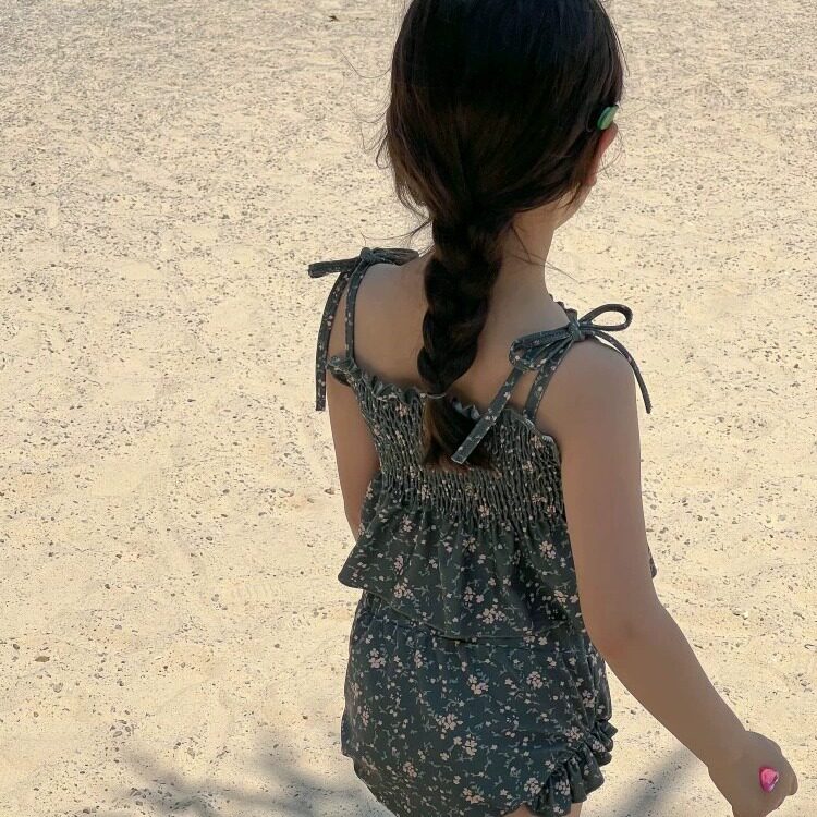 女童泳衣女孩碎花吊带分体游泳衣小公主夏季度假沙滩中小童泳装潮