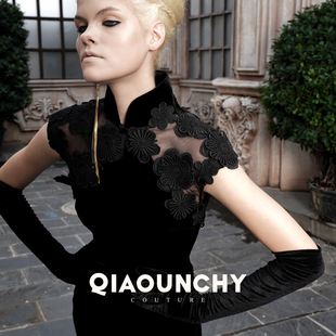 黑色真丝丝绒蝴蝶背手绣优雅旗袍裙 QIAOUNCHY俏云曦 法式 立裁