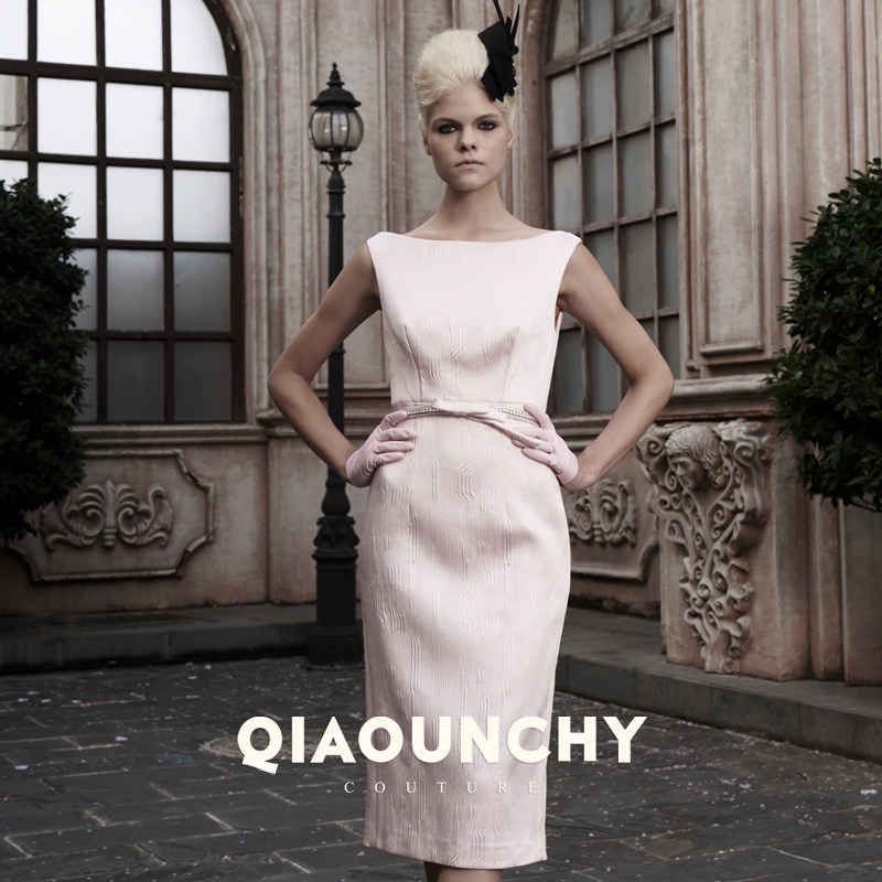 意大利进口微弹细褶料 QIAOUNCHY俏云曦｜高级定制粉色收腰连衣裙
