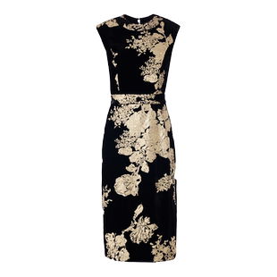 意大利进口提花 QIAOUNCHY俏云曦｜黑金牡丹丝绒露背高定连衣裙