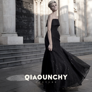高定 QIAOUNCHY俏云曦｜黑色重工珠片里露肩优雅立裁大礼服长裙