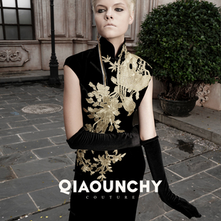 立裁旗袍 国风高定黑色丝绒斜襟盘扣经典 金乌 QIAOUNCHY俏云曦