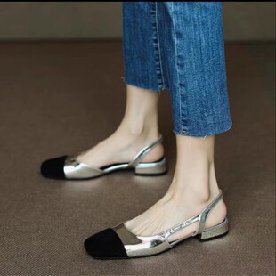 shoes women包头凉鞋女夏季新款时尚一字带低跟方跟简约韩版小香