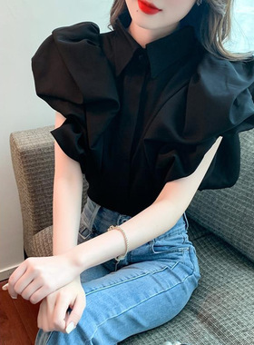 women clothes法式高级感复古翻领衬衫女夏季设计感小众黑色花瓣