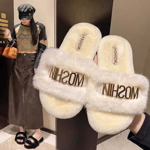 shoes women韩版ins金属字母时尚毛毛拖鞋款休闲户外大码平底毛绒
