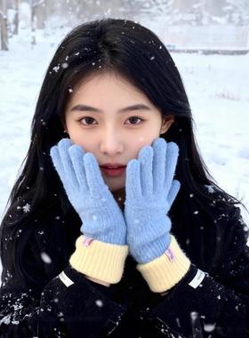 韩版新款蓝色毛绒可爱保暖手套女学生秋冬骑行保暖防寒分指可触屏