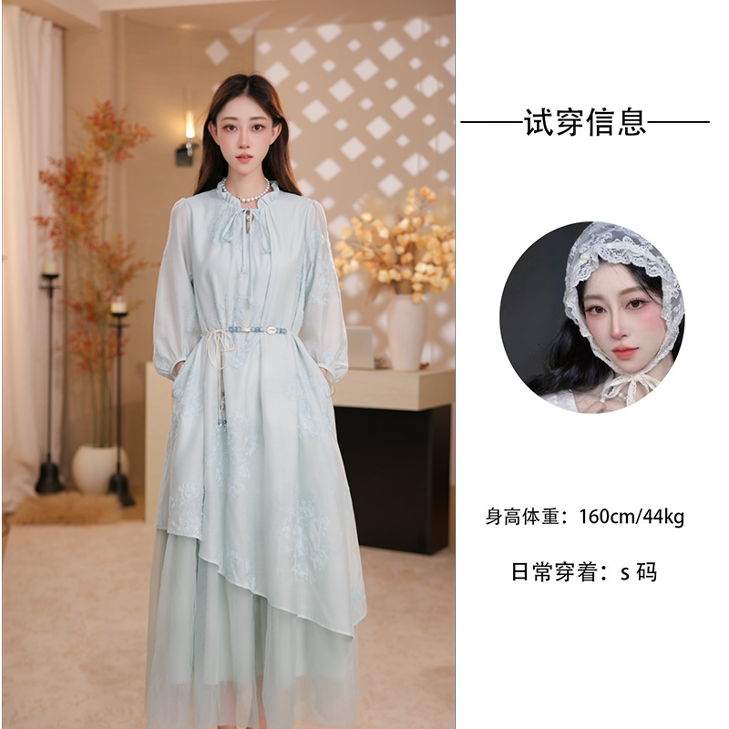 Nash/奈希 蓝然 新款海岛风气质设计感刺绣A字板法式女款连衣裙