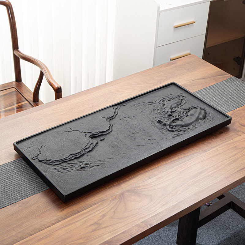 天然原石小茶台石板乌金石头茶盘整块一体浮雕高档茶海办公室茶具