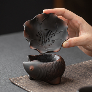 紫陶年年有余茶漏组茶滤网茶叶过滤器泡茶分离器茶水茶隔手工高端