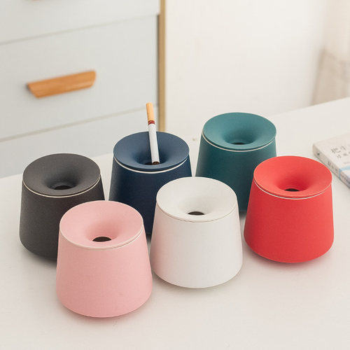 防风烟灰缸高级感办公室陶瓷漏斗防飞灰带盖轻奢烟缸家用客厅创意