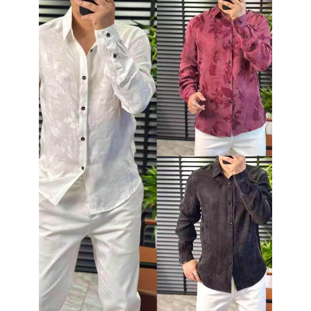 男士春季新款商务时尚潮流韩版帅气长袖百搭轻奢舒适简约花纹衬衫