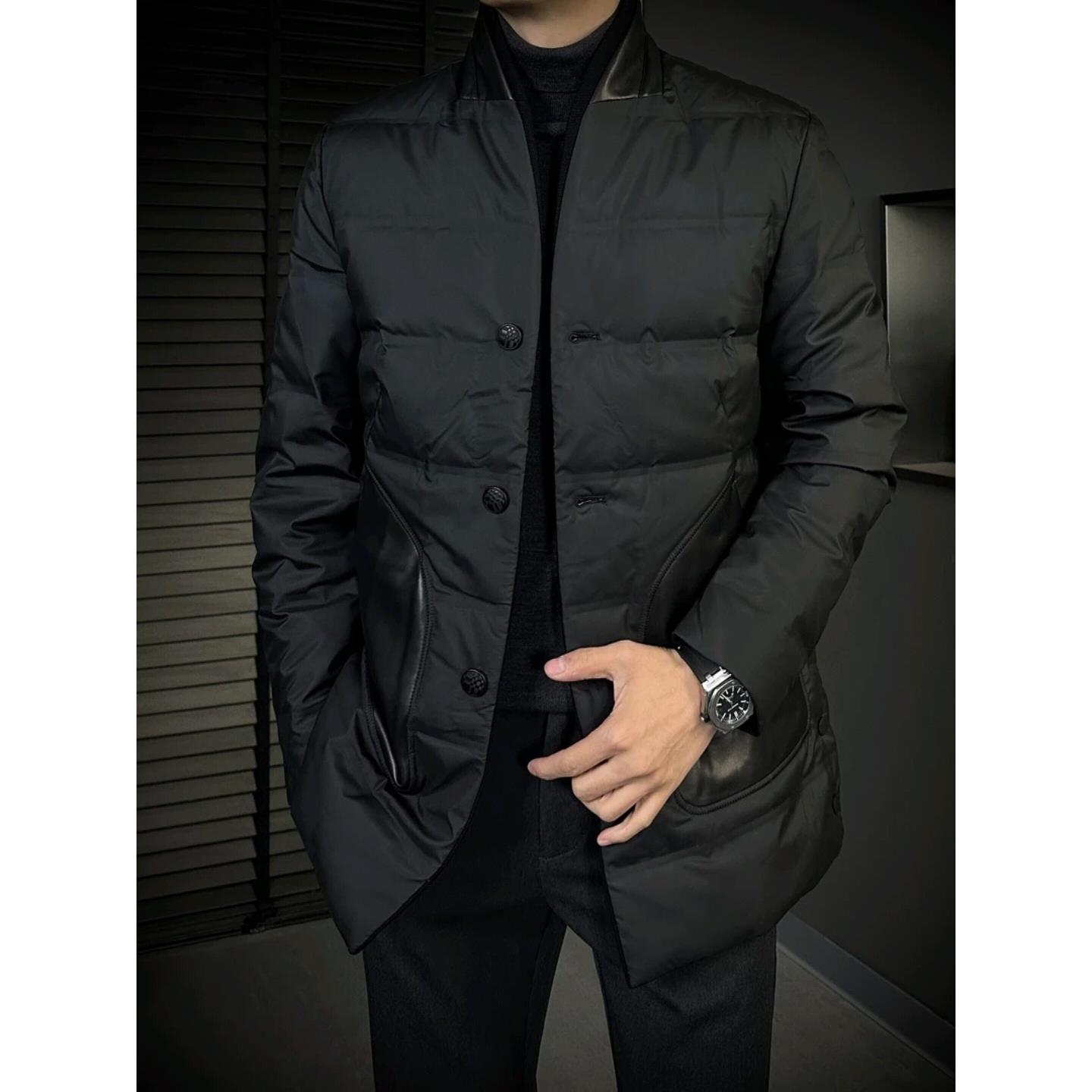 82311秋冬季男士新品商务休闲潮流百搭无领中长款羽绒服轻奢精致