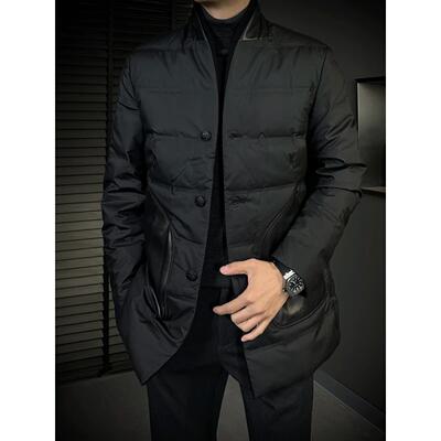 82311秋冬季男士新品商务休闲潮流百搭无领中长款羽绒服轻奢精致