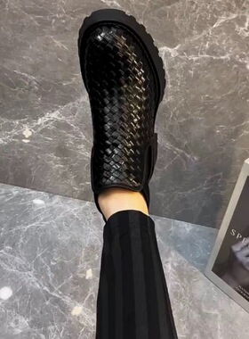 切尔西靴男秋冬季加绒牛皮编织厚底英伦风圆头高帮黑色真皮棉鞋酷