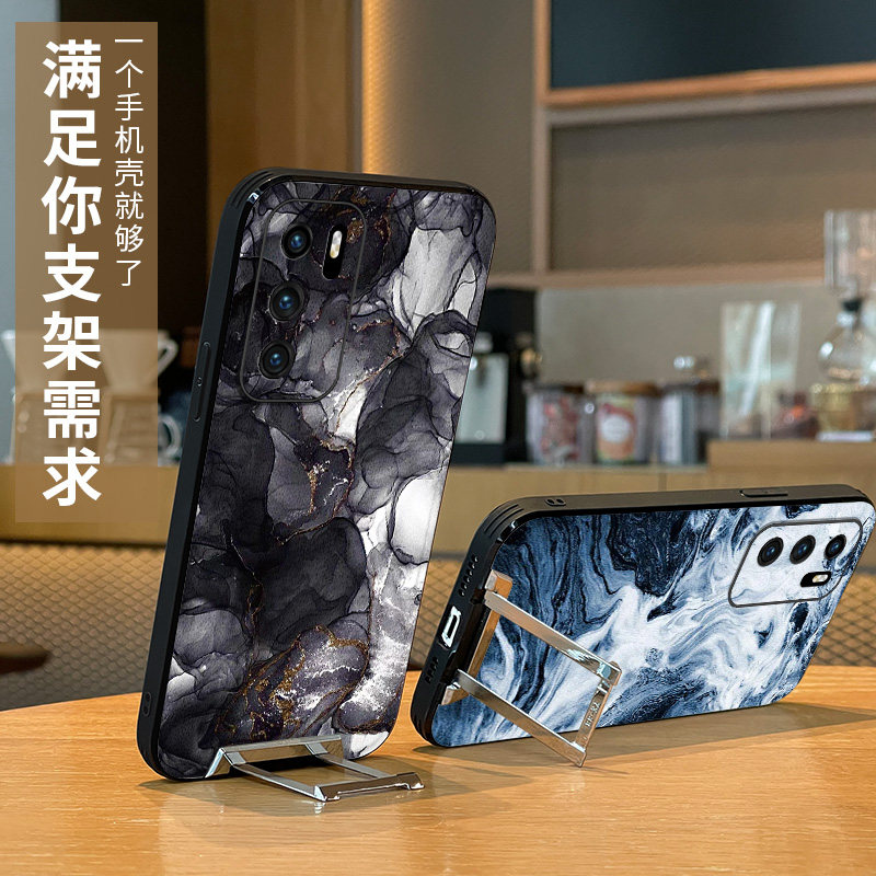 黑金暮光华为p50隐形拉杆伸缩支架手机壳p50pro防摔高档皮纹保护套适用华为p40高级感p40pro创意p30桌面支架