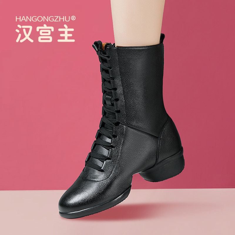 真皮中跟短靴舞蹈鞋女广场舞鞋爵士中靴低粗跟软底水兵舞蹈靴秋冬