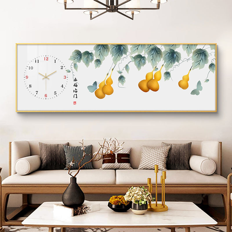 网红客厅沙发背景墙装饰画挂钟组合免打孔高档钟表画五福临门钻石