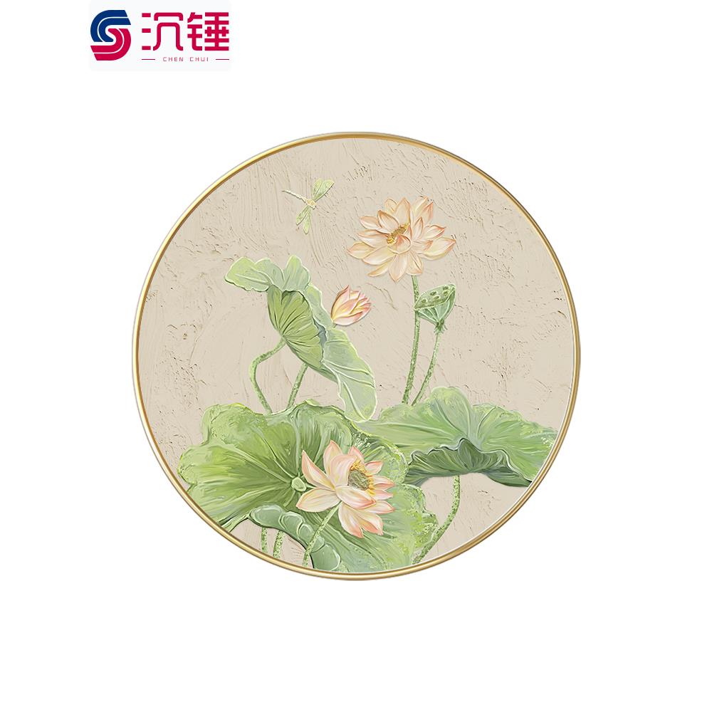 新款荷花圆形装饰画新中式入户玄关客厅肌理餐厅壁画禅意茶室墙画图片